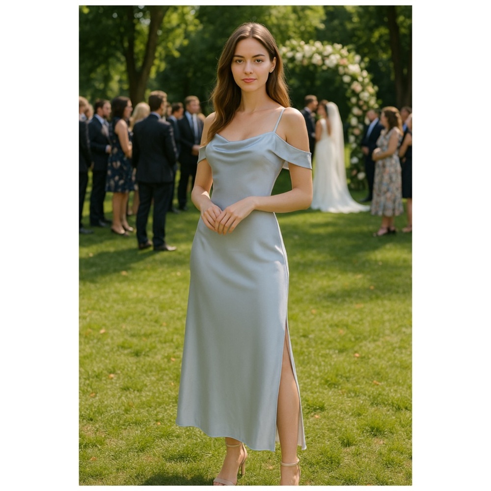 BARDOT x Revolve Light Blue Satin Cold Shoulder Slip Midi Dress 4 NWT